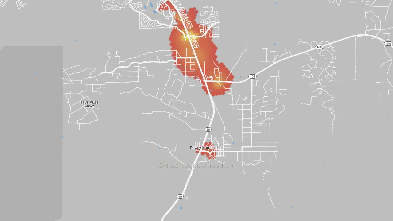 Walk Grade map of Dewey-Humboldt, AZ, walkable areas in green and car-dependent areas in red