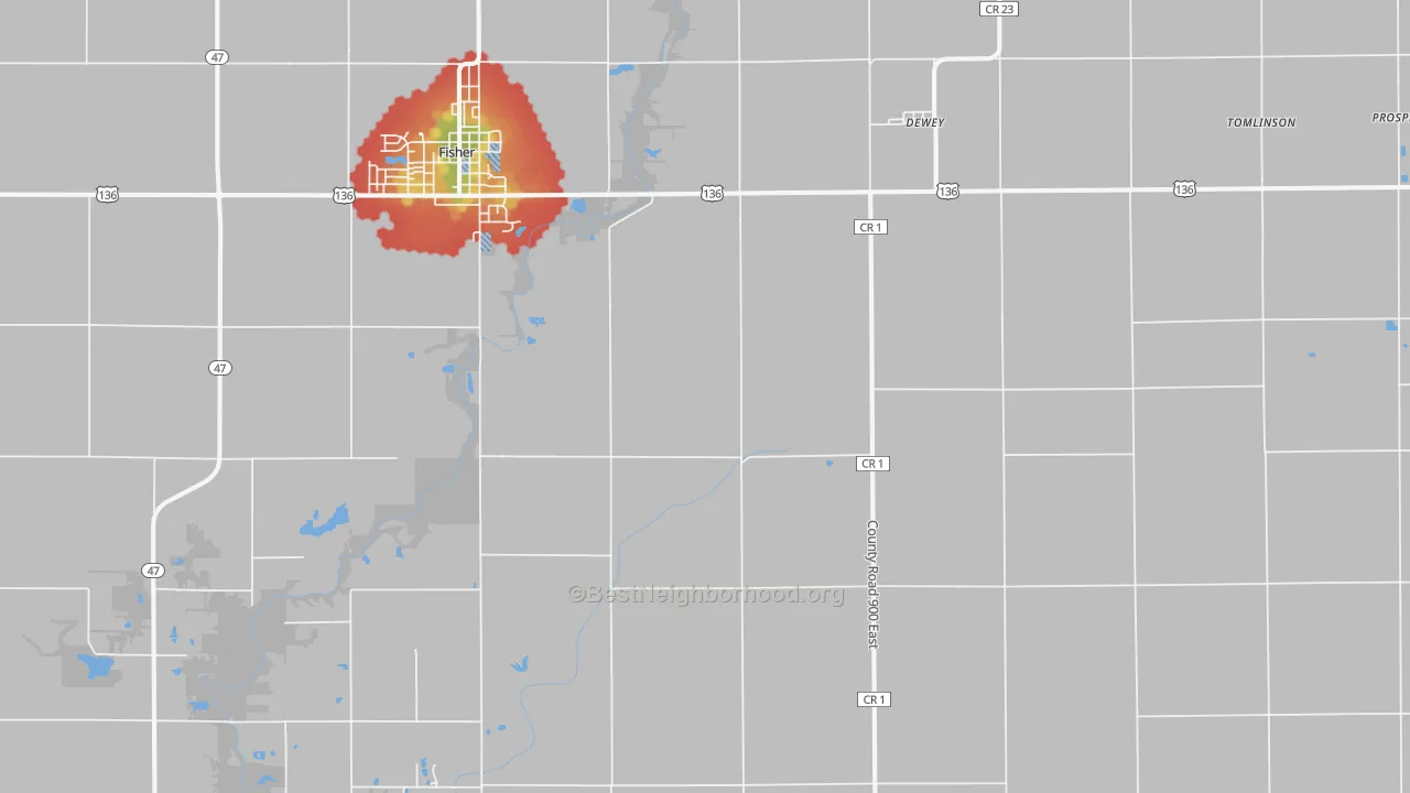 Walk Grade map of Dewey, IL, walkable areas in green and car-dependent areas in red