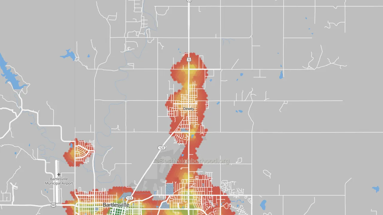 Walk Grade map of Dewey, OK, walkable areas in green and car-dependent areas in red