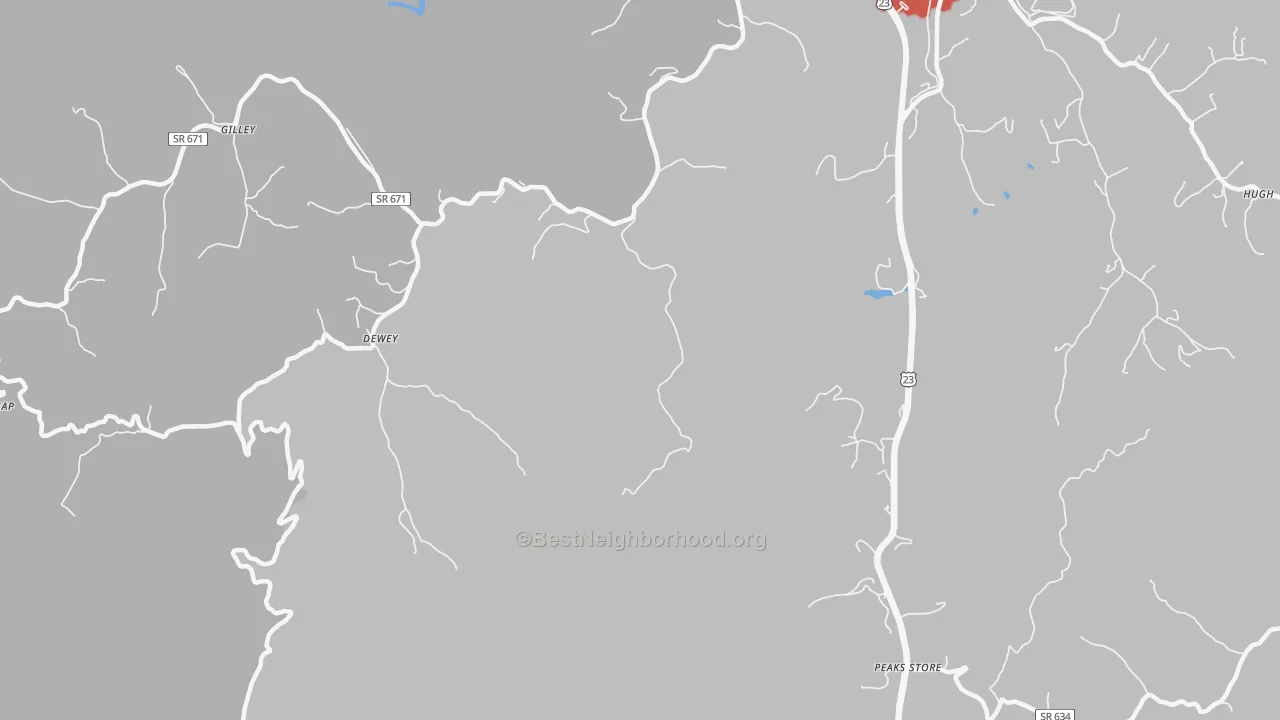 Walk Grade map of Dewey, VA, walkable areas in green and car-dependent areas in red