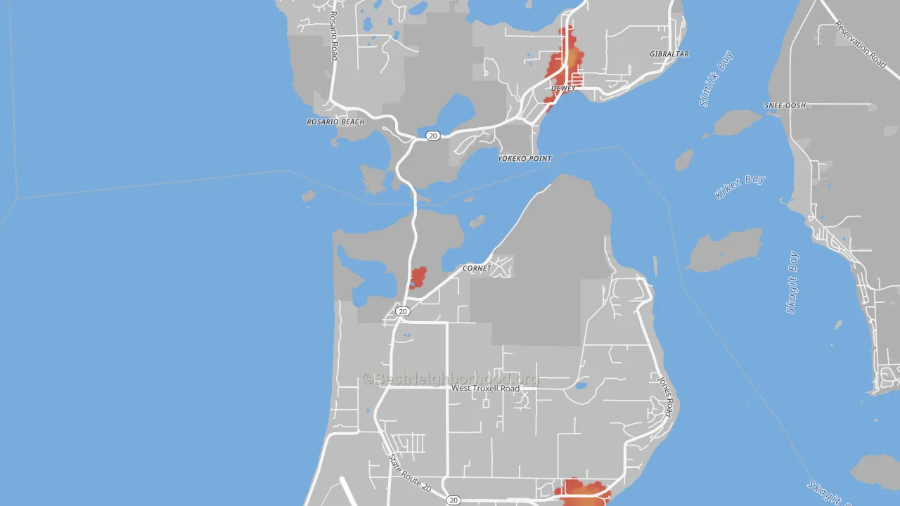 Walk Grade map of Dewey, WA, walkable areas in green and car-dependent areas in red