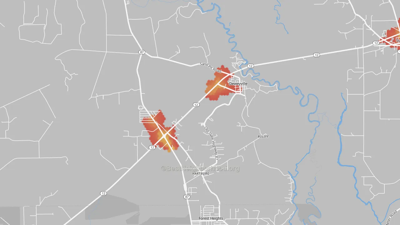 Walk Grade map of Deweyville, TX, walkable areas in green and car-dependent areas in red