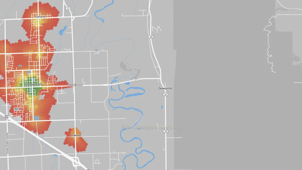 Walk Grade map of Deweyville, UT, walkable areas in green and car-dependent areas in red