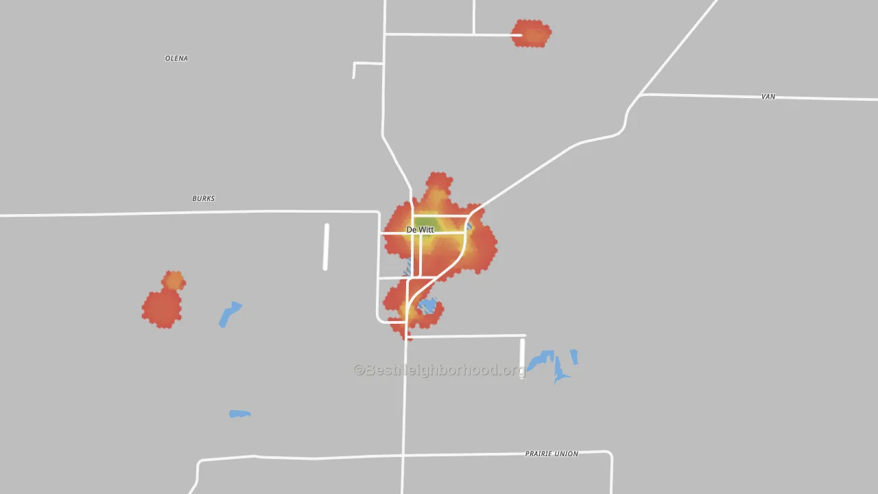 Walk Grade map of DeWitt, AR, walkable areas in green and car-dependent areas in red