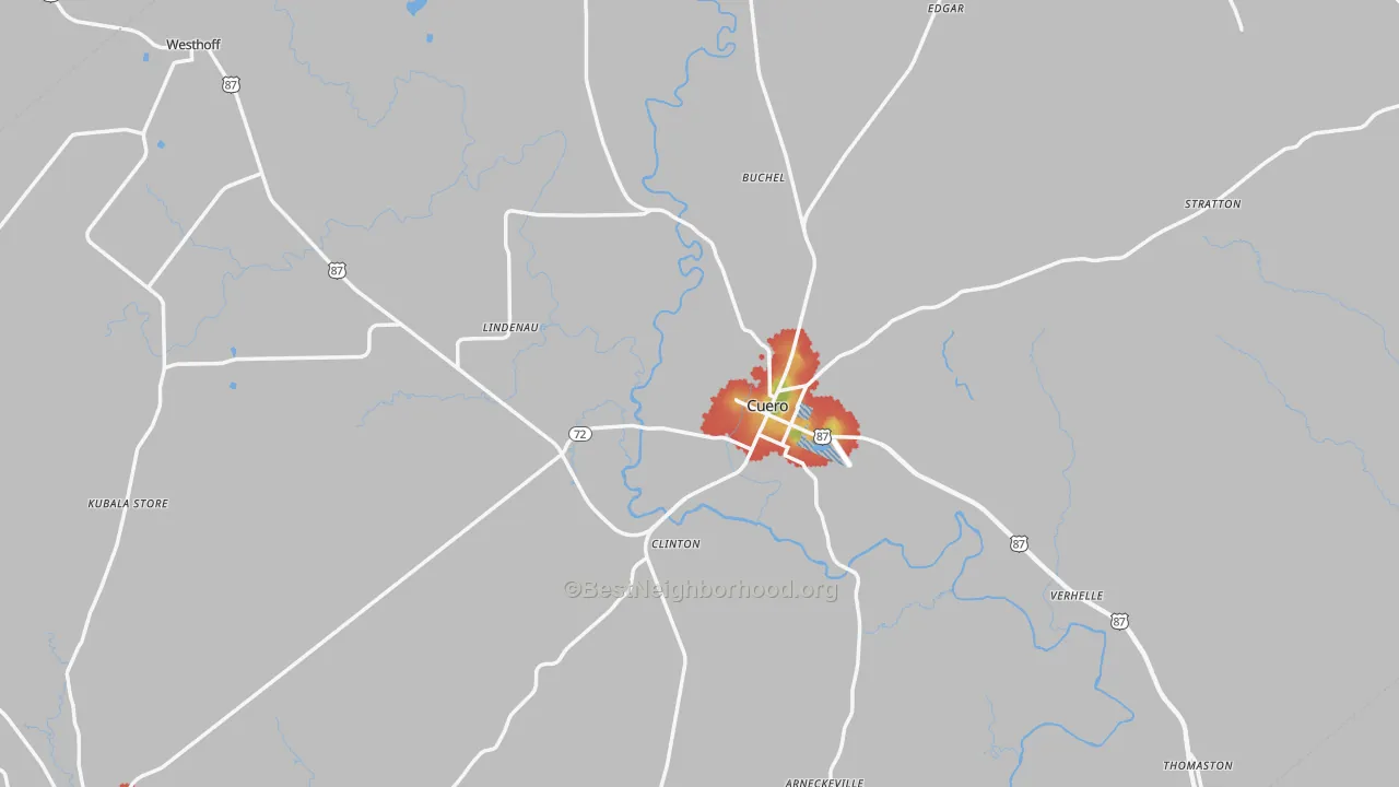Walk Grade map of DeWitt County, TX, walkable areas in green and car-dependent areas in red