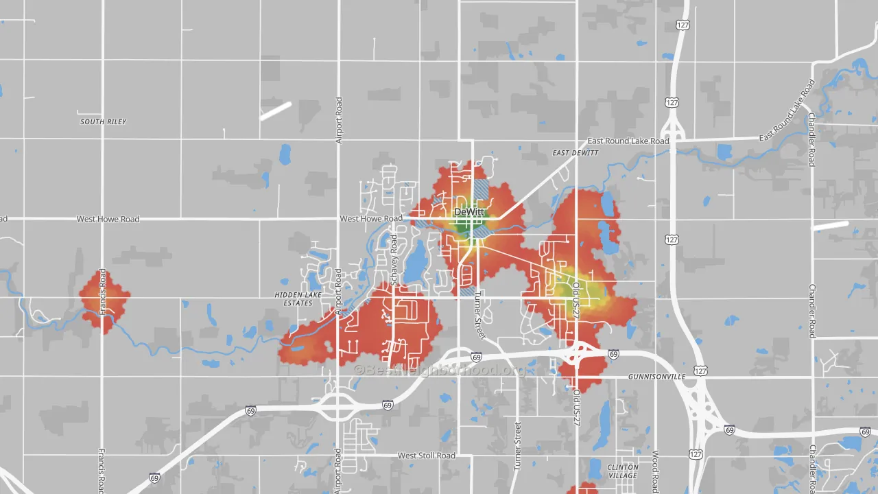 Walk Grade map of Dewitt, MI, walkable areas in green and car-dependent areas in red