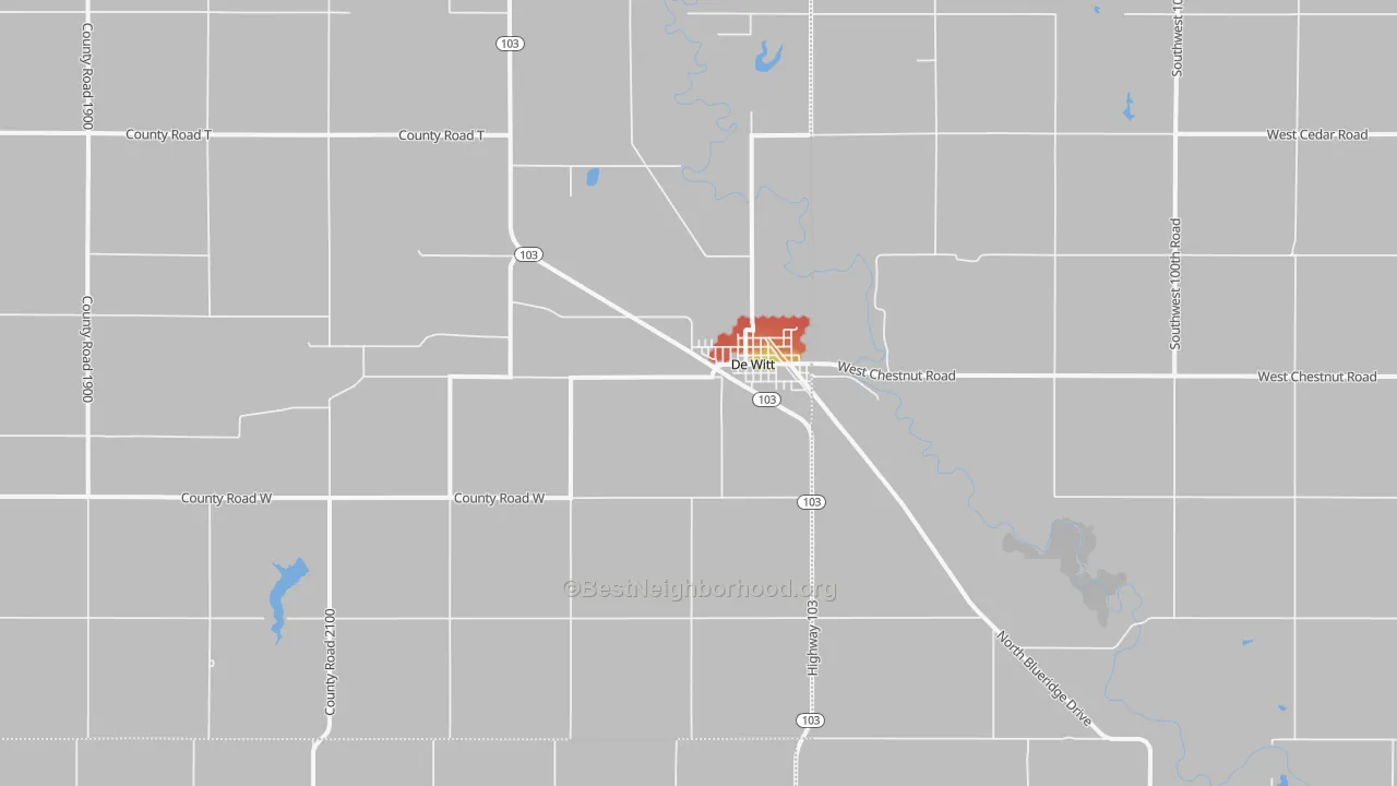 Walk Grade map of DeWitt, NE, walkable areas in green and car-dependent areas in red