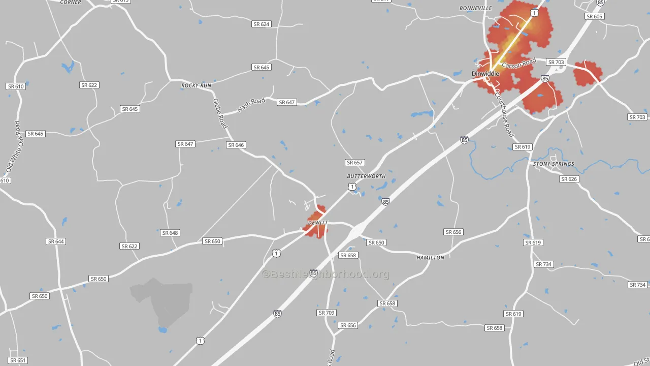 Walk Grade map of Dewitt, VA, walkable areas in green and car-dependent areas in red