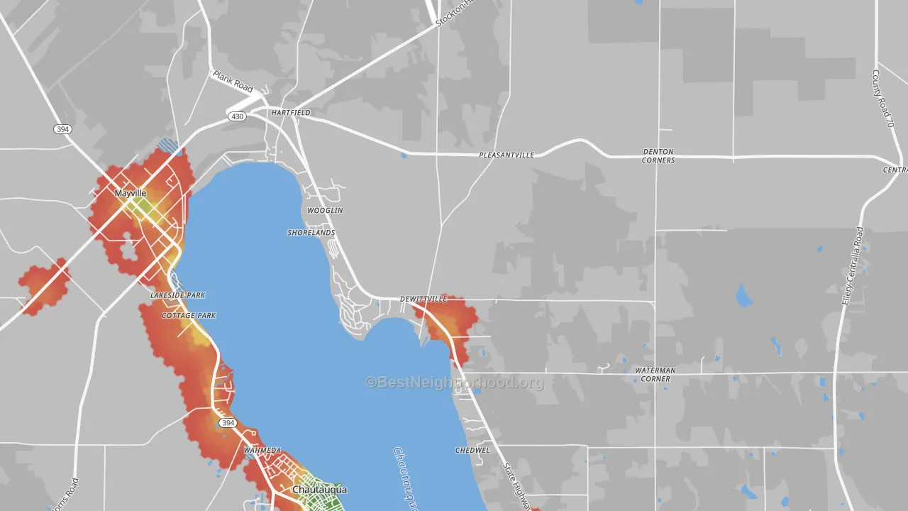 Walk Grade map of Dewittville, NY, walkable areas in green and car-dependent areas in red