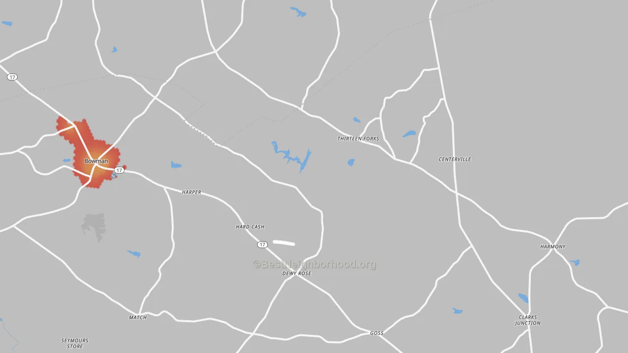Walk Grade map of Dewy Rose, GA, walkable areas in green and car-dependent areas in red