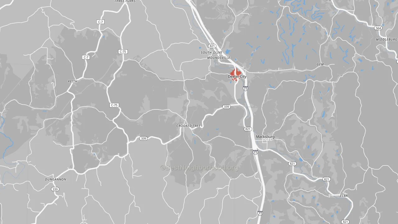 Walk Grade map of Dexter City, OH, walkable areas in green and car-dependent areas in red