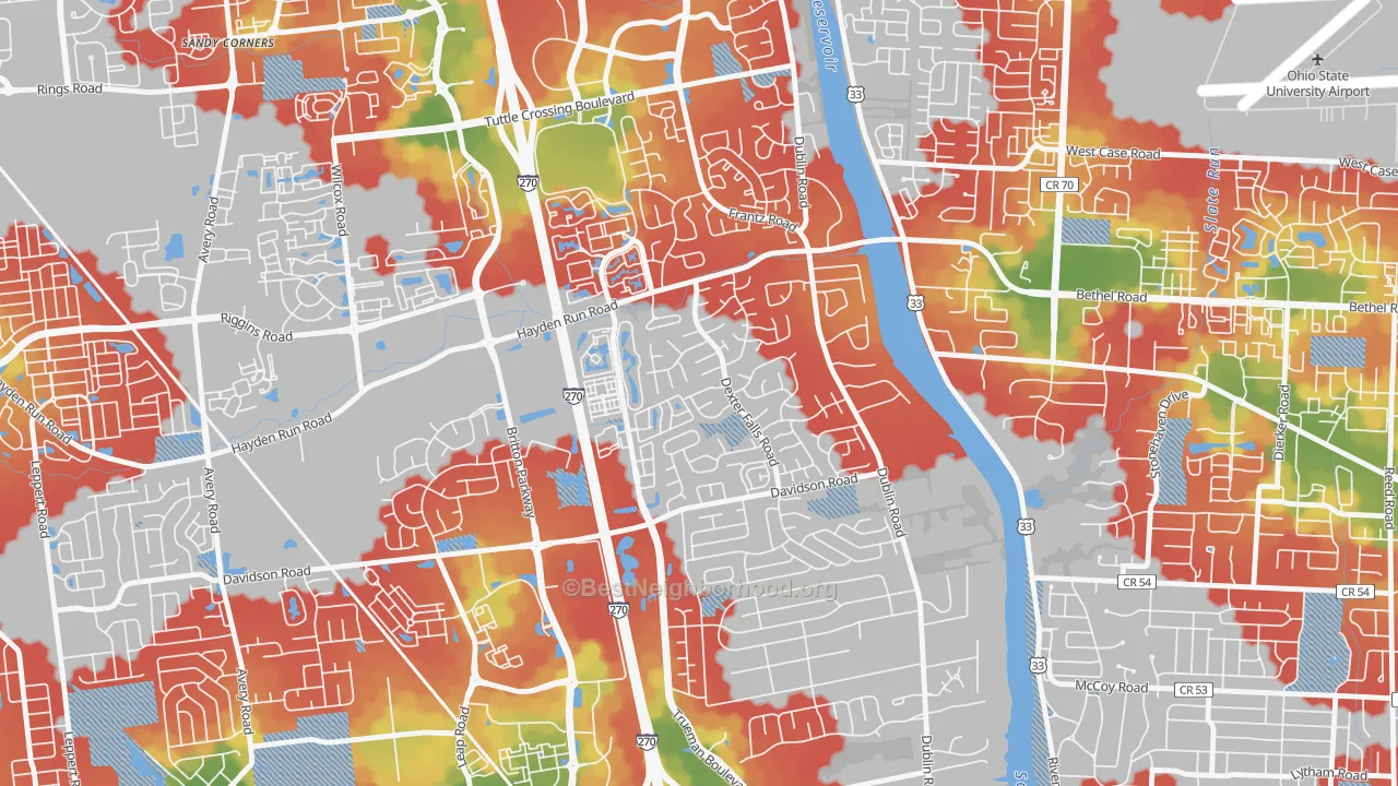 Walk Grade map of Dexter Falls, Columbus, OH, walkable areas in green and car-dependent areas in red