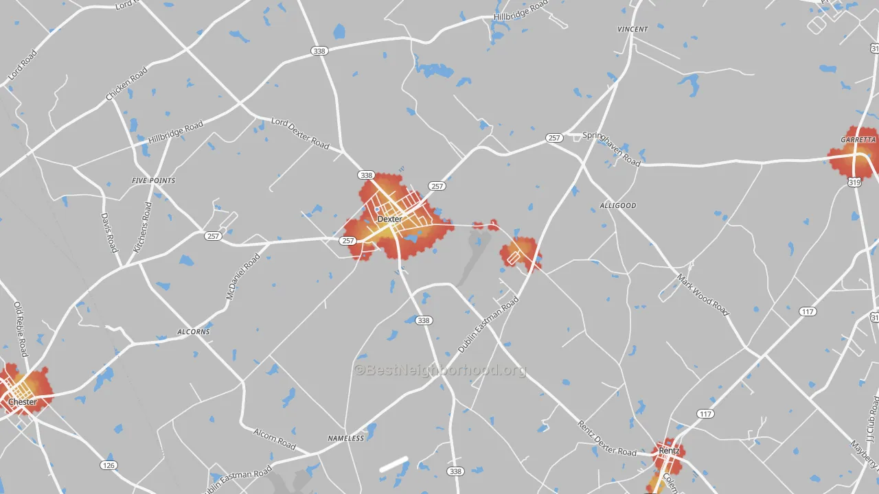 Walk Grade map of Dexter, GA, walkable areas in green and car-dependent areas in red