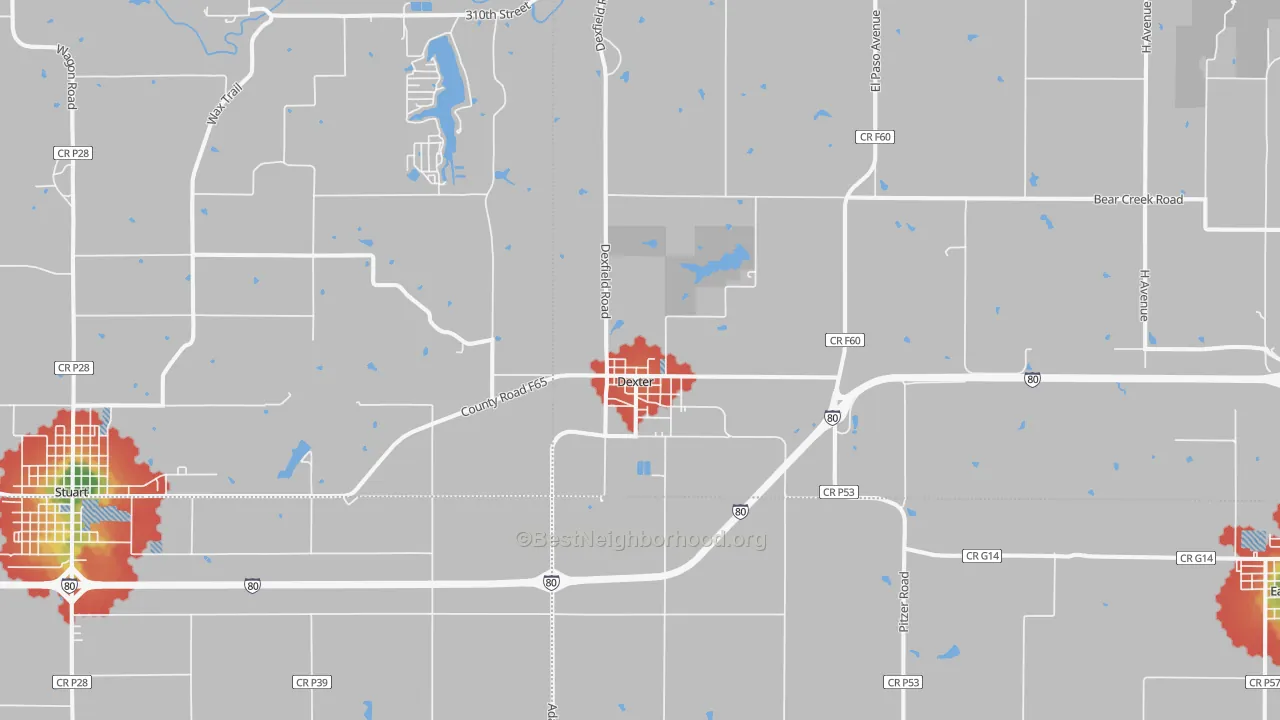Walk Grade map of Dexter, IA, walkable areas in green and car-dependent areas in red