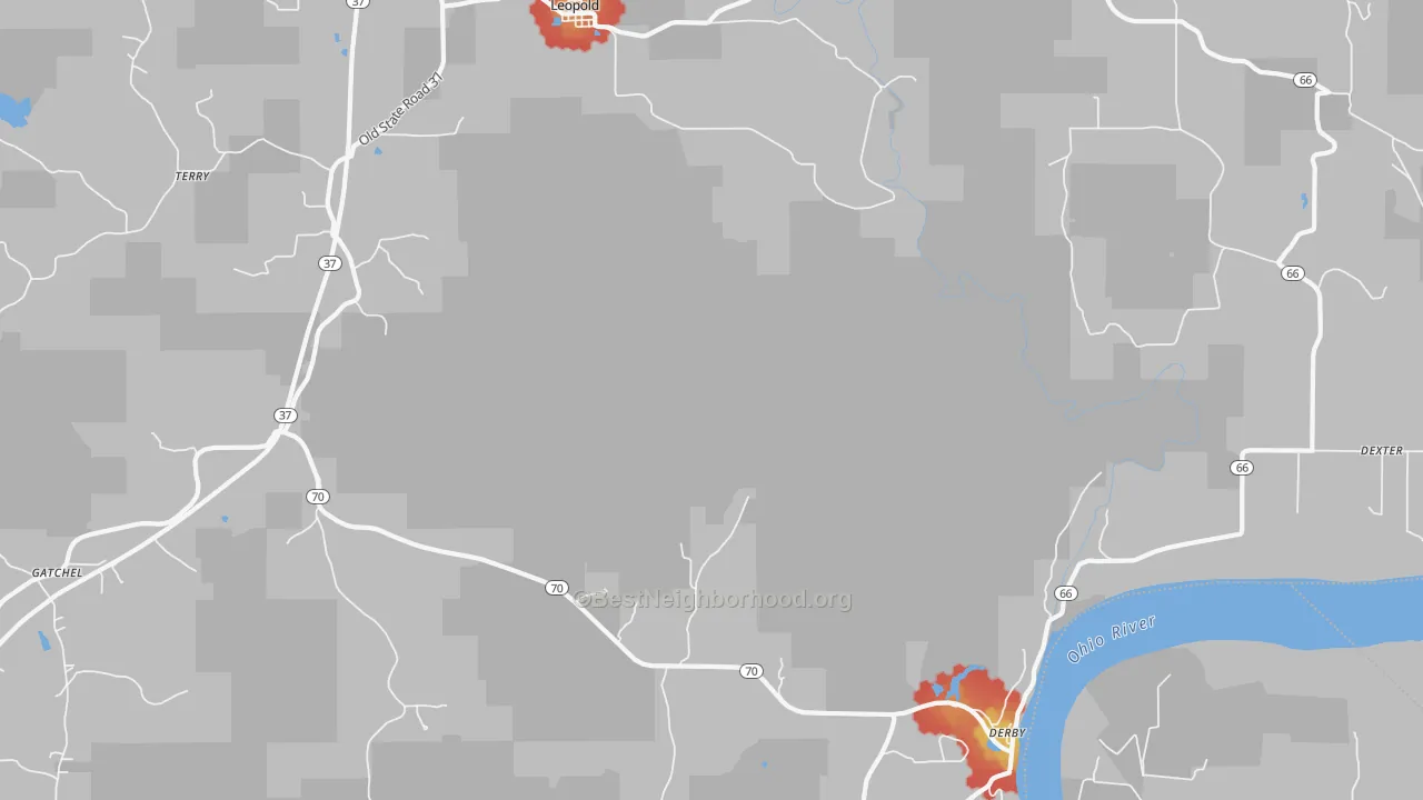 Walk Grade map of Dexter, IN, walkable areas in green and car-dependent areas in red