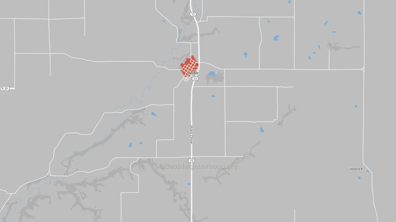 Walk Grade map of Dexter, KS, walkable areas in green and car-dependent areas in red