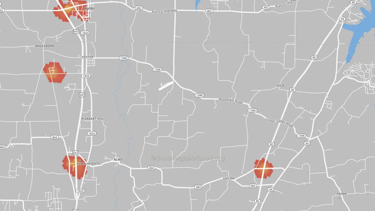 Walk Grade map of Dexter, KY, walkable areas in green and car-dependent areas in red