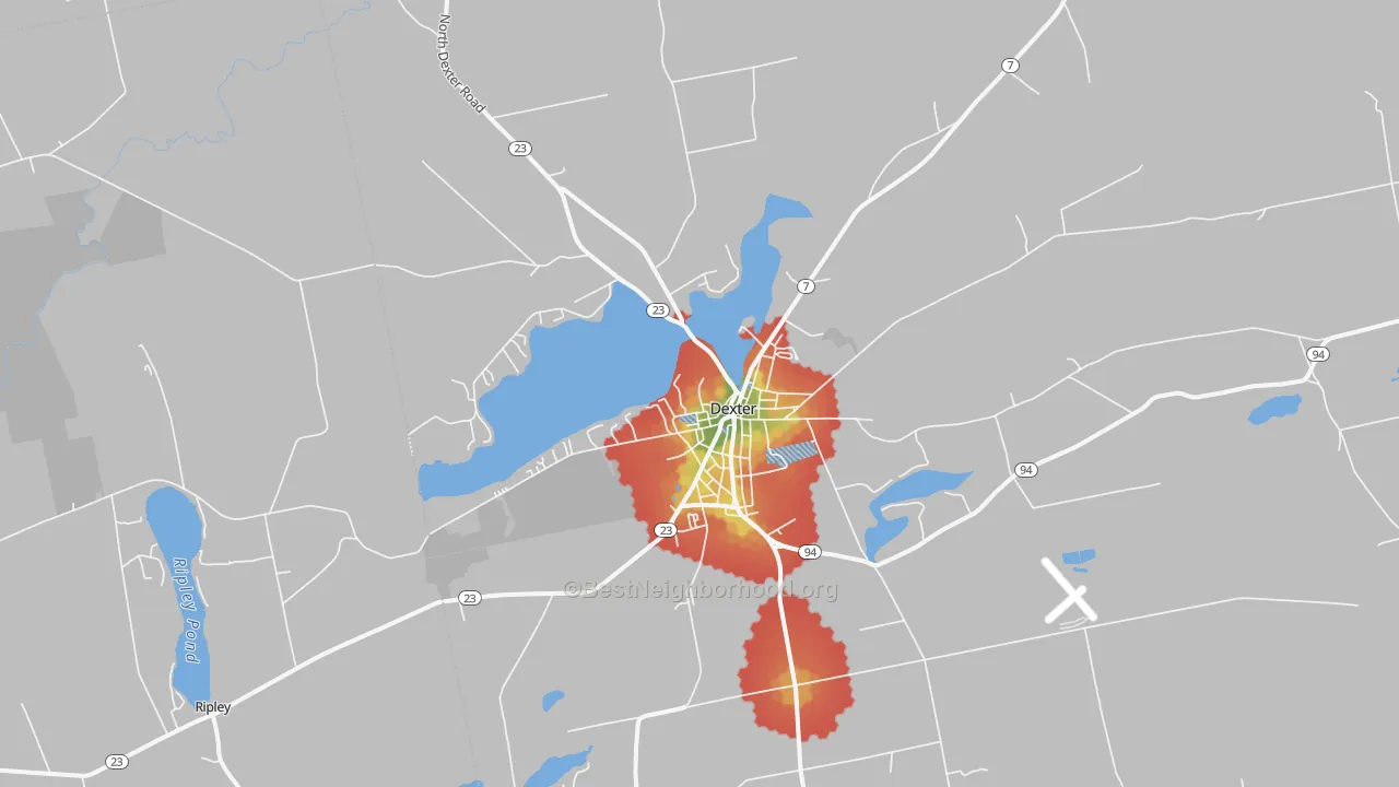 Walk Grade map of Dexter, ME, walkable areas in green and car-dependent areas in red