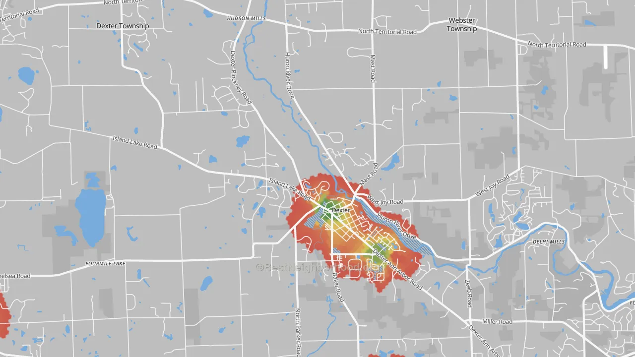 Walk Grade map of Dexter, MI, walkable areas in green and car-dependent areas in red