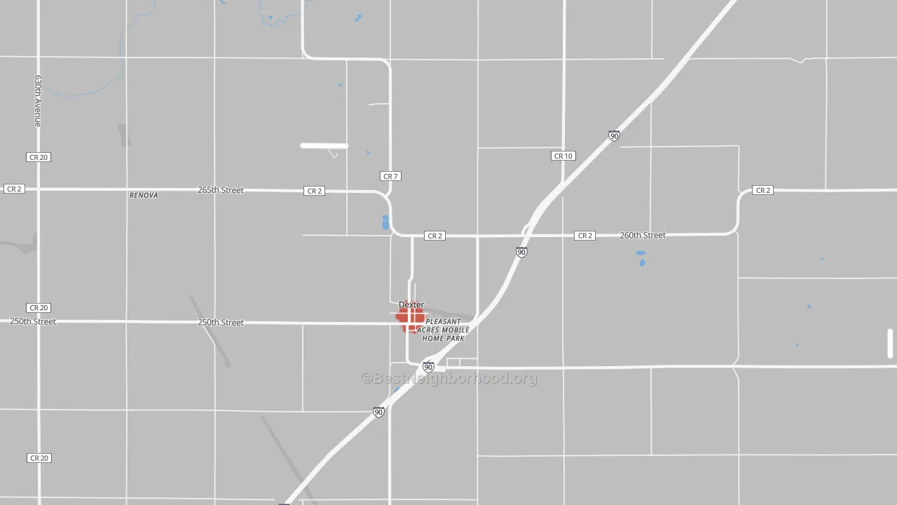 Walk Grade map of Dexter, MN, walkable areas in green and car-dependent areas in red