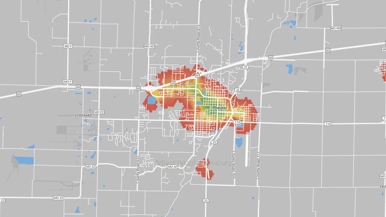 Walk Grade map of Dexter, MO, walkable areas in green and car-dependent areas in red