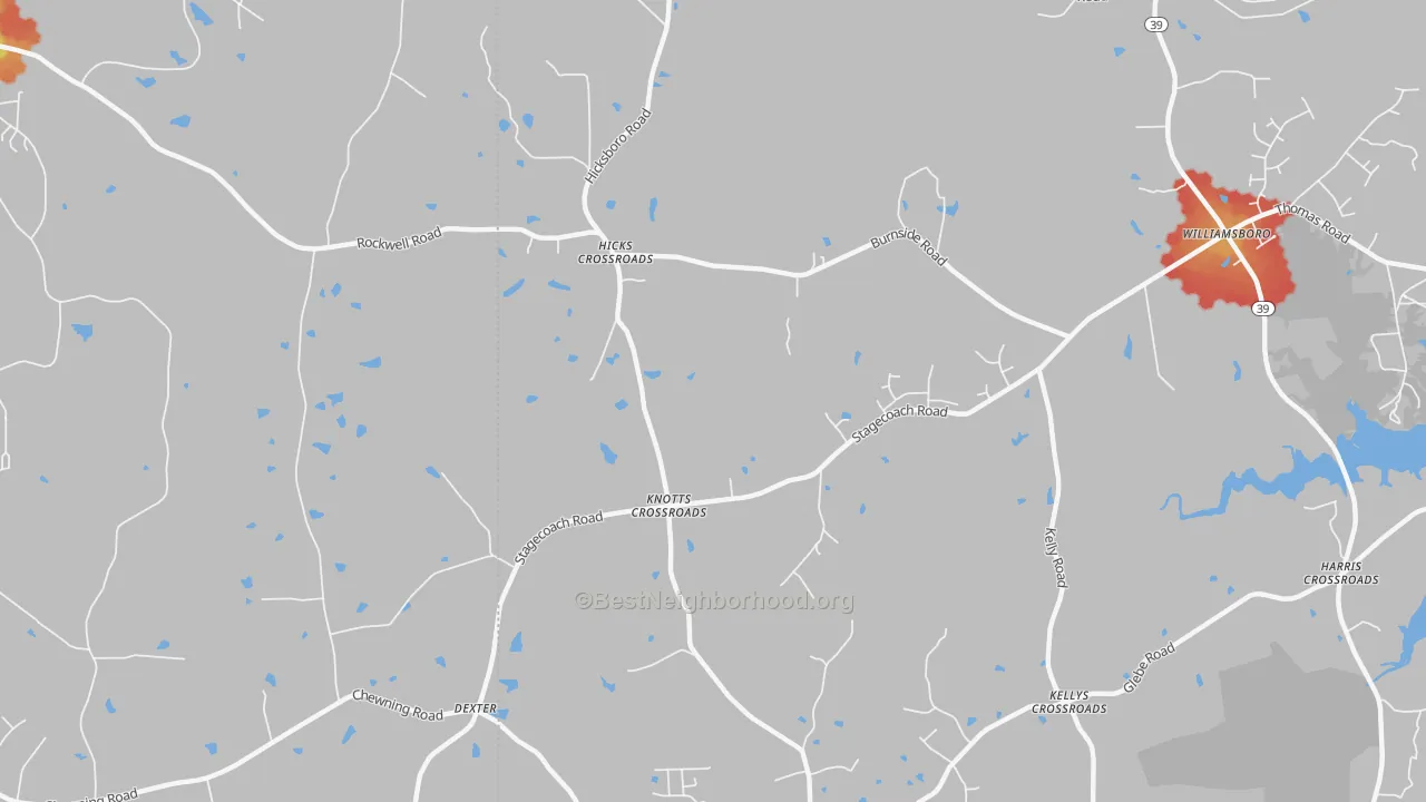 Walk Grade map of Dexter, NC, walkable areas in green and car-dependent areas in red
