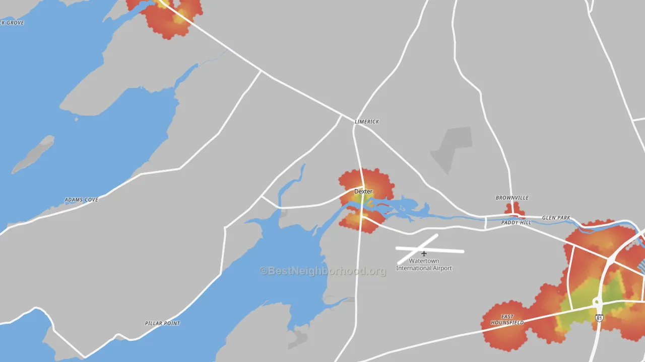 Walk Grade map of Dexter, NY, walkable areas in green and car-dependent areas in red