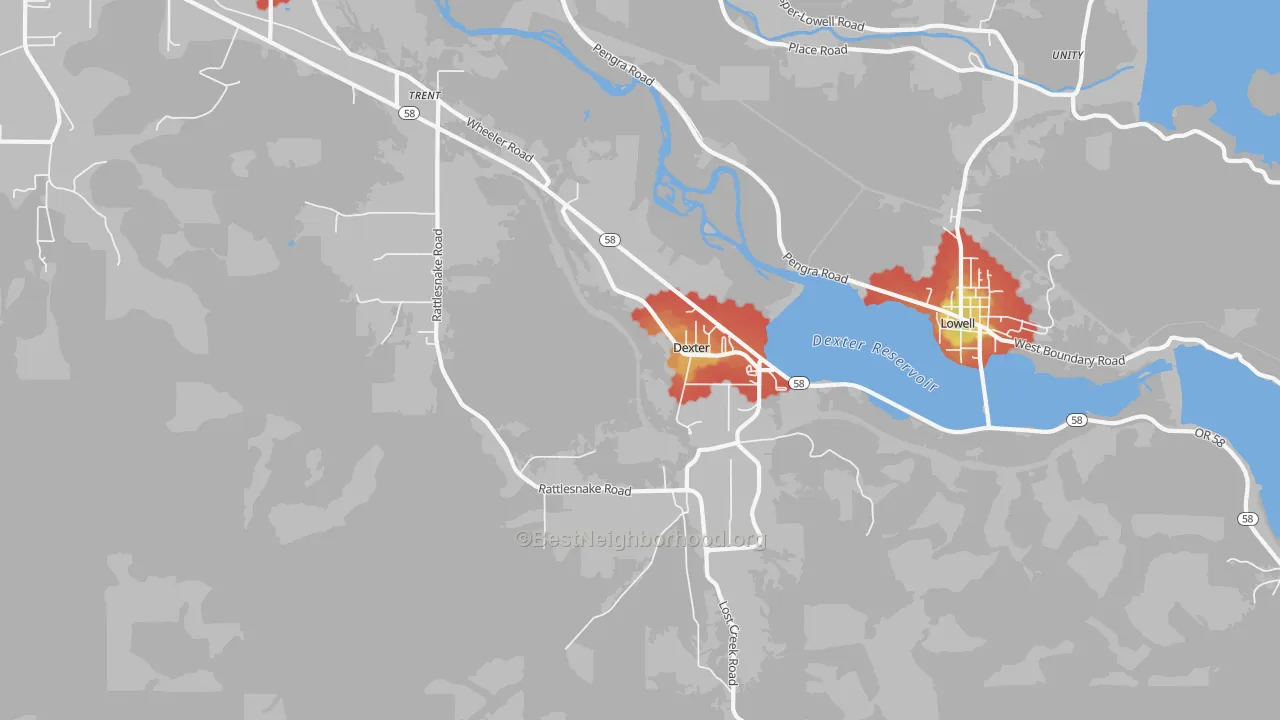 Walk Grade map of Dexter, OR, walkable areas in green and car-dependent areas in red