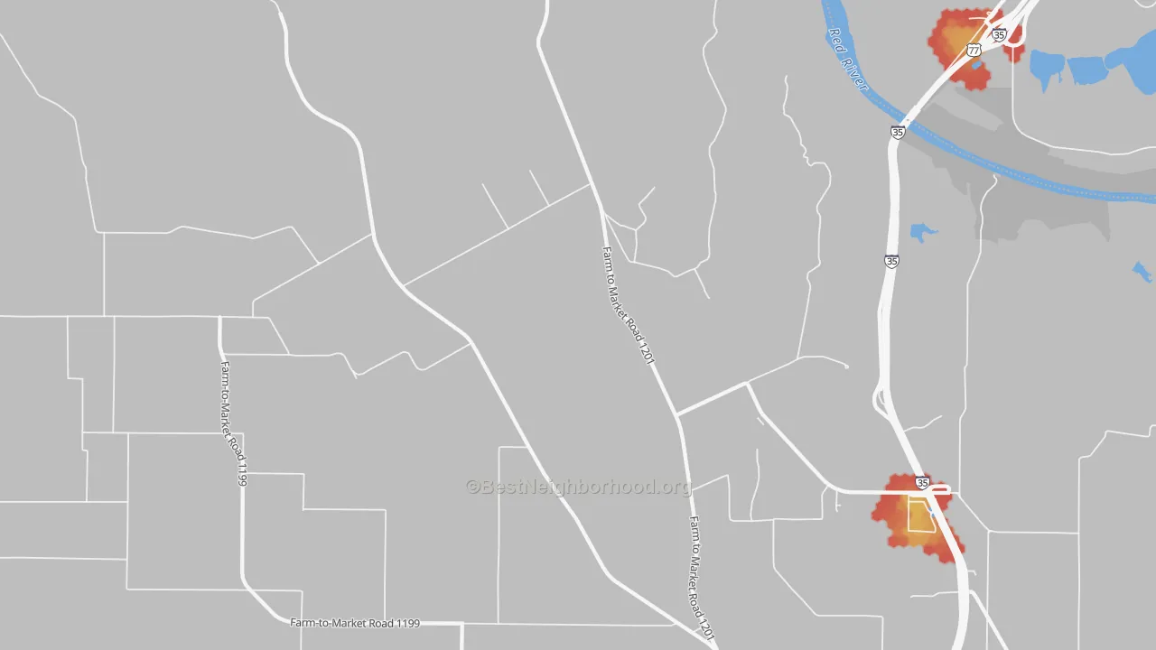Walk Grade map of Dexter, TX, walkable areas in green and car-dependent areas in red