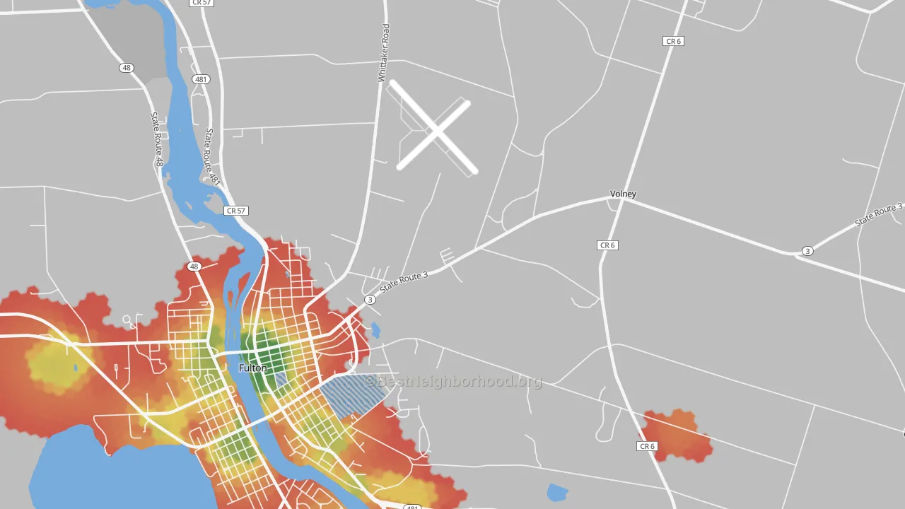 Walk Grade map of Dexterville, NY, walkable areas in green and car-dependent areas in red