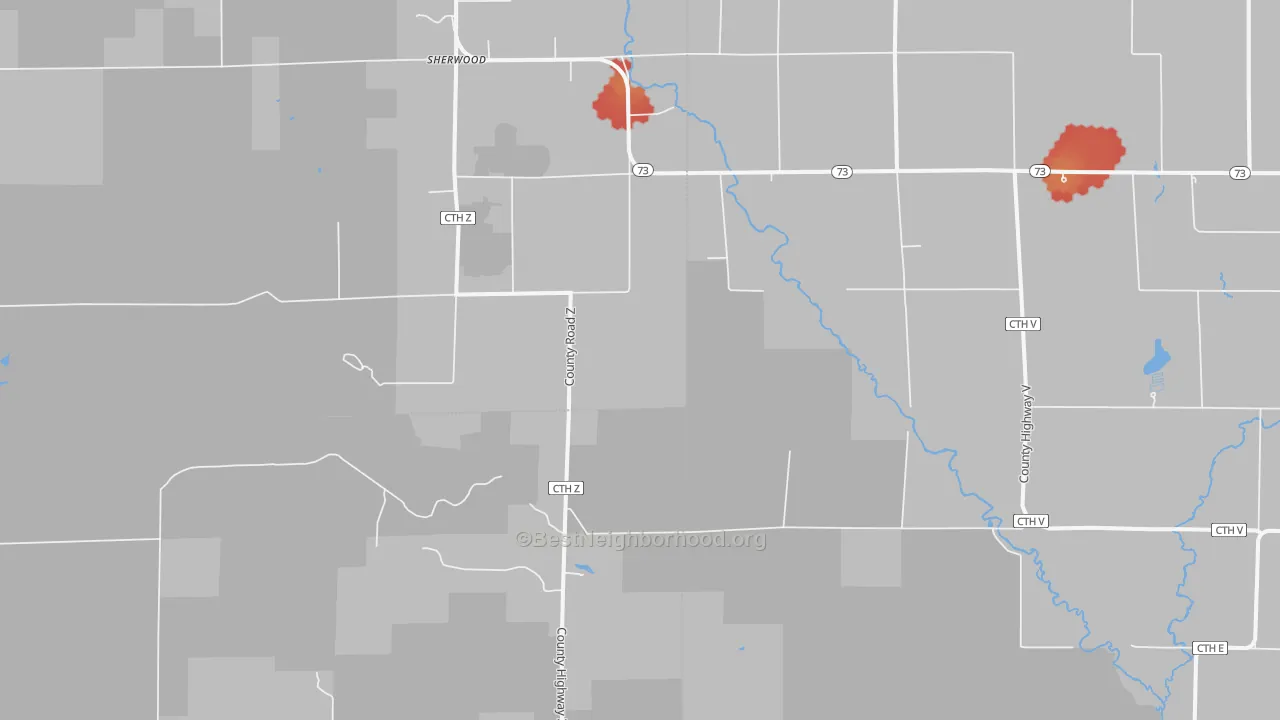 Walk Grade map of Dexterville, WI, walkable areas in green and car-dependent areas in red