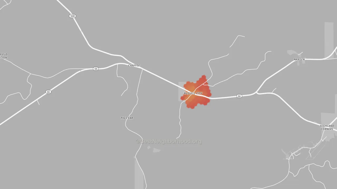 Walk Grade map of DeYoung, PA, walkable areas in green and car-dependent areas in red