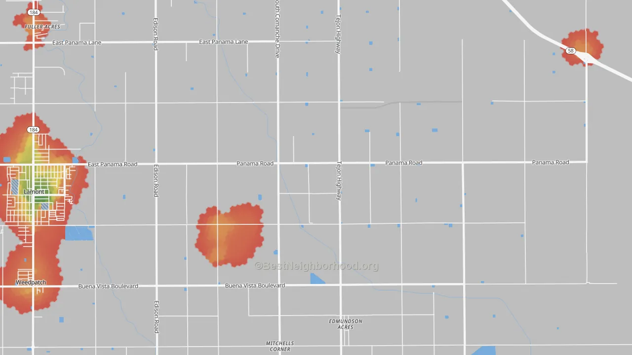 Walk Grade map of Di Giorgio, CA, walkable areas in green and car-dependent areas in red