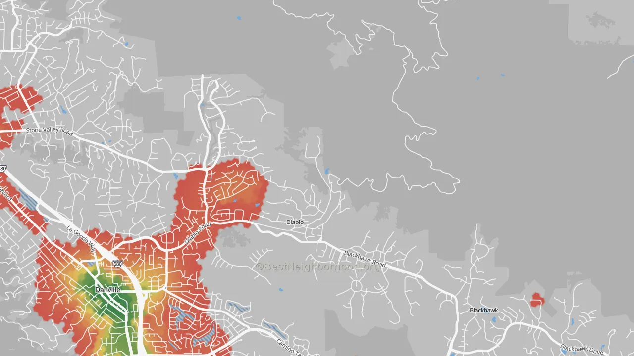Walk Grade map of Diablo, CA, walkable areas in green and car-dependent areas in red