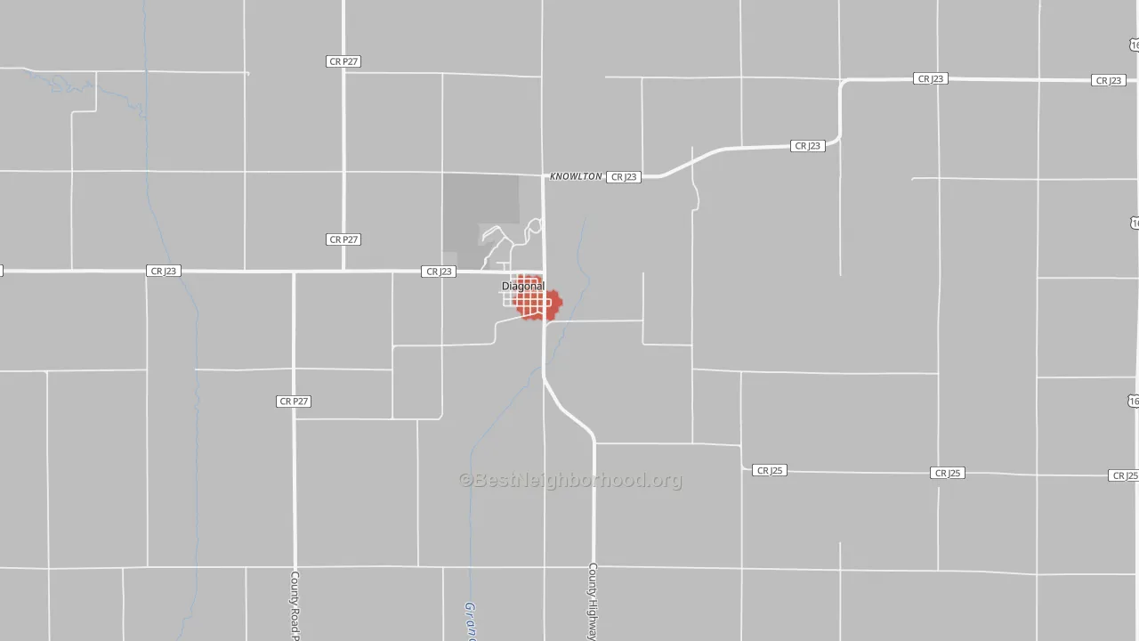 Walk Grade map of Diagonal, IA, walkable areas in green and car-dependent areas in red