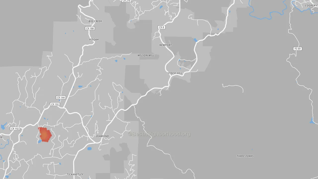 Walk Grade map of Dial, GA, walkable areas in green and car-dependent areas in red