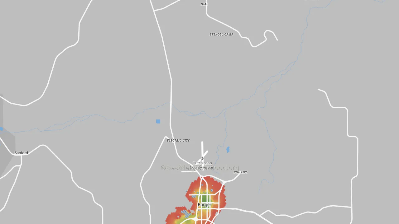 Walk Grade map of Dial, TX, walkable areas in green and car-dependent areas in red