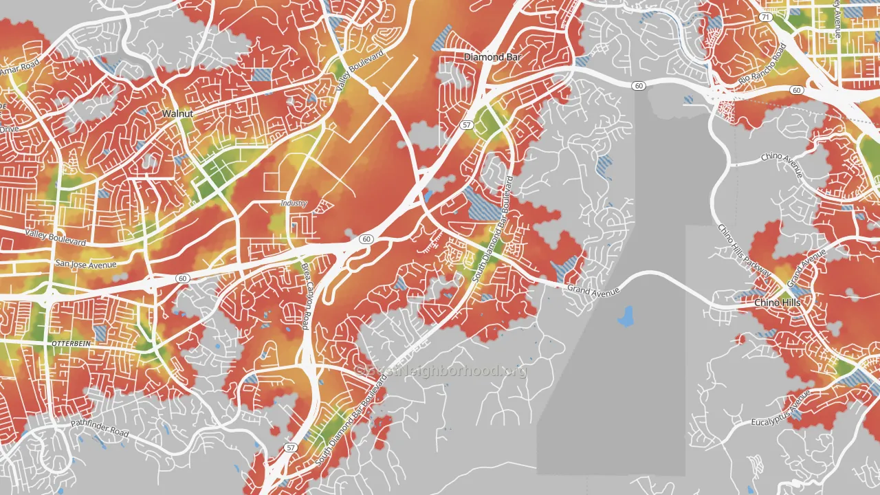 Walk Grade map of Diamond Bar, CA, walkable areas in green and car-dependent areas in red