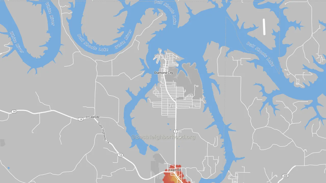 Walk Grade map of Diamond City, AR, walkable areas in green and car-dependent areas in red
