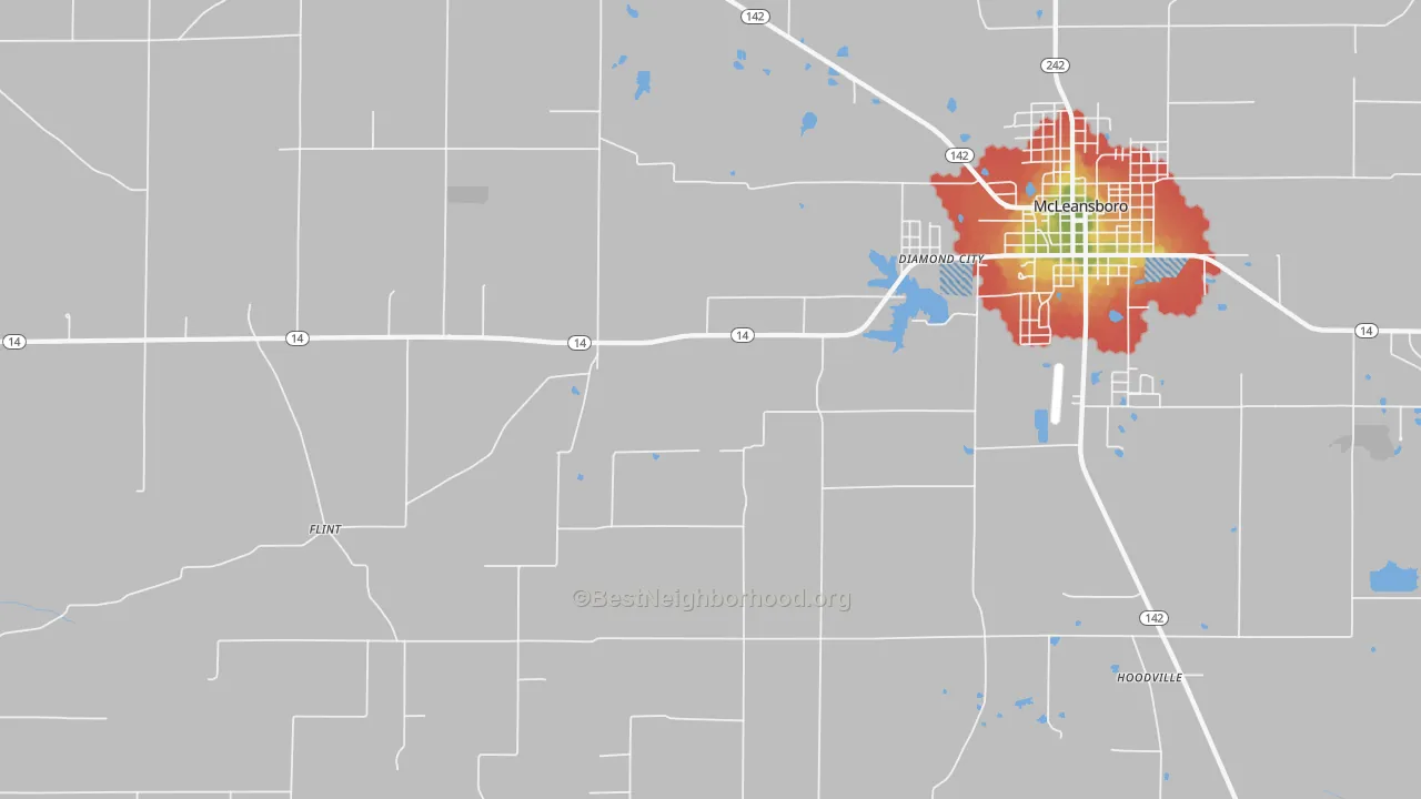 Walk Grade map of Diamond City, IL, walkable areas in green and car-dependent areas in red