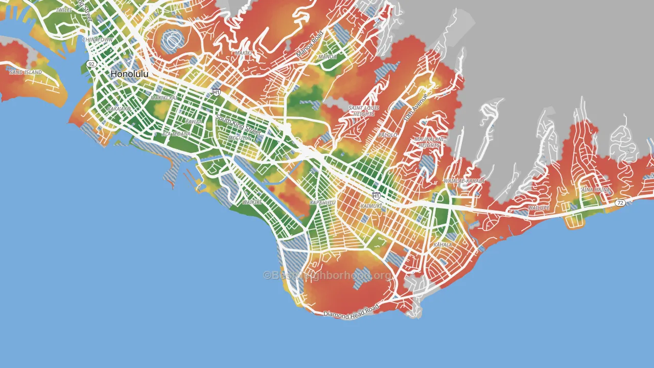 Walk Grade map of Diamond Head-Kapahulu-St Louis, Honolulu, HI, walkable areas in green and car-dependent areas in red