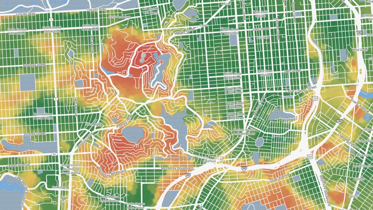 Walk Grade map of Diamond Heights, San Francisco, CA, walkable areas in green and car-dependent areas in red