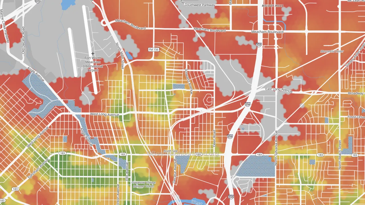 Walk Grade map of Diamond Hill-Jarvis, Fort Worth, TX, walkable areas in green and car-dependent areas in red