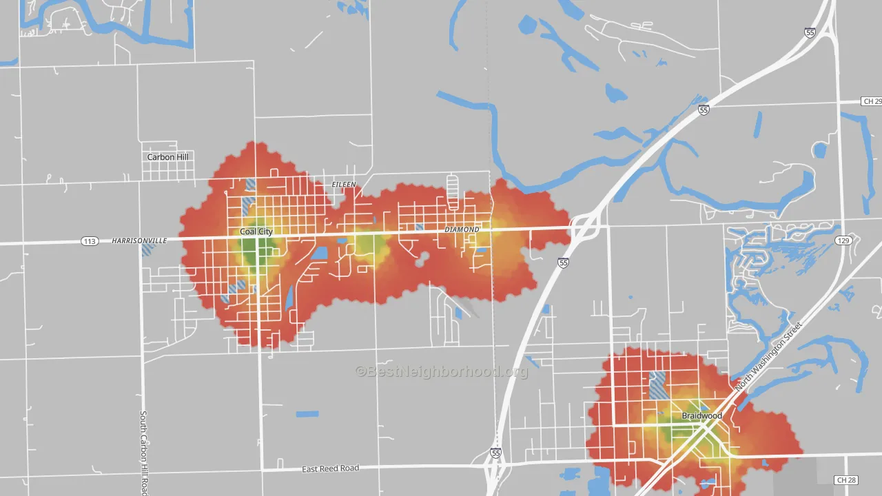 Walk Grade map of Diamond, IL, walkable areas in green and car-dependent areas in red