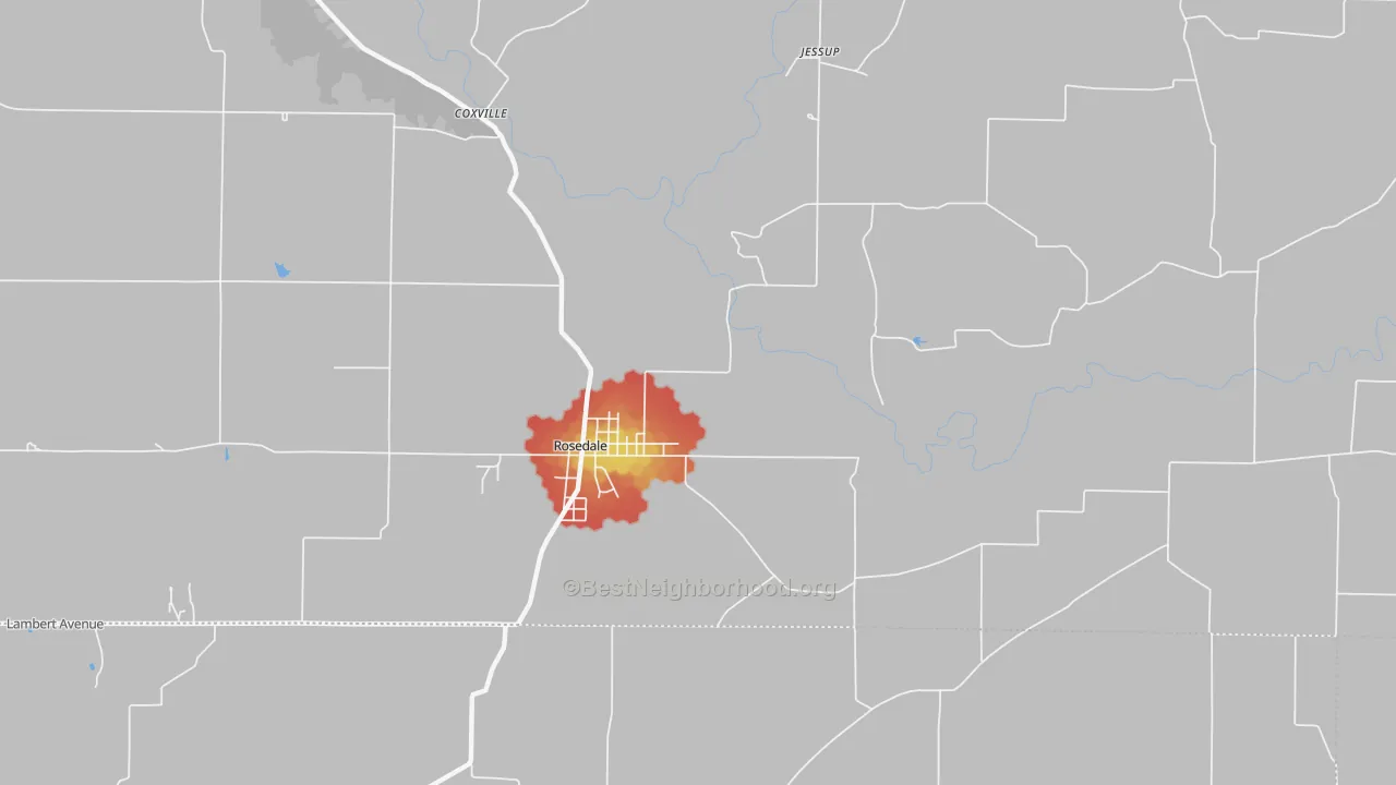 Walk Grade map of Diamond, IN, walkable areas in green and car-dependent areas in red