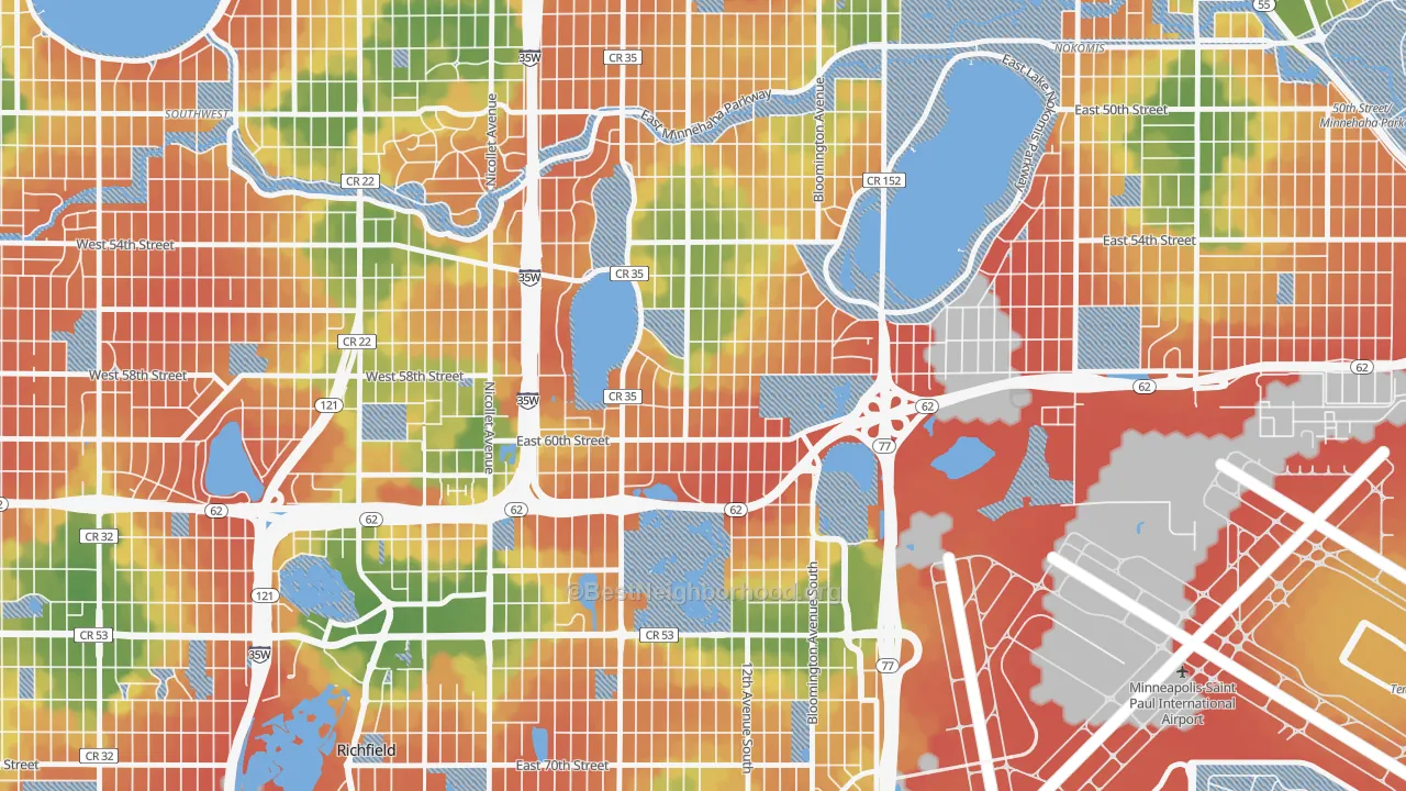 Walk Grade map of Diamond Lake, Minneapolis, MN, walkable areas in green and car-dependent areas in red
