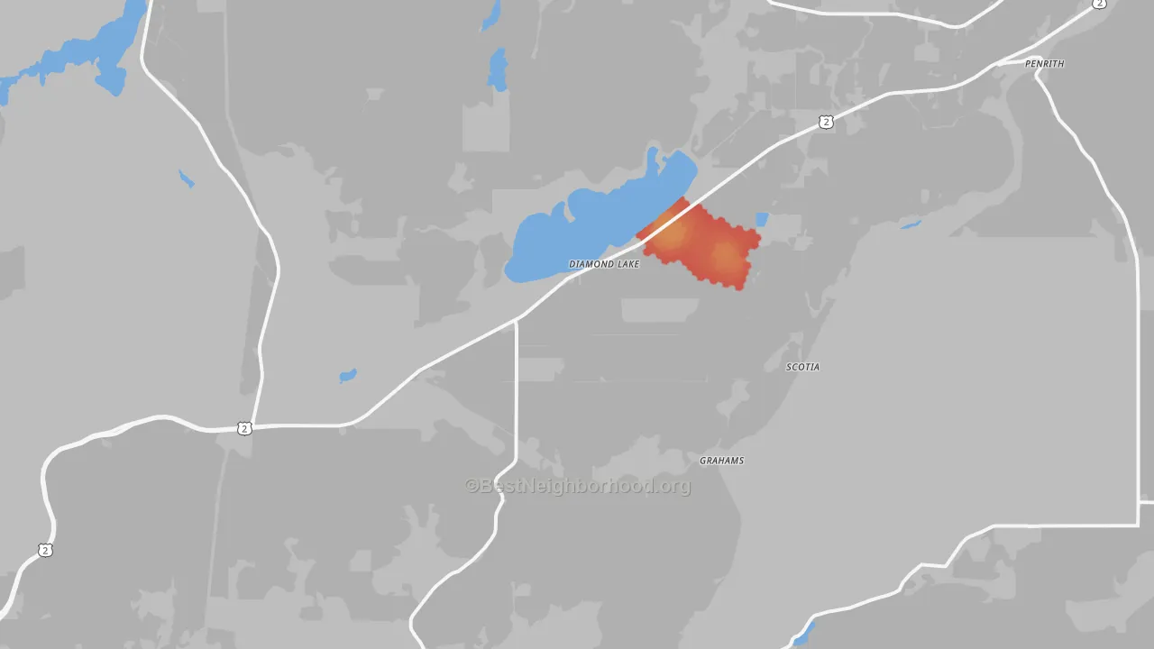 Walk Grade map of Diamond Lake, WA, walkable areas in green and car-dependent areas in red