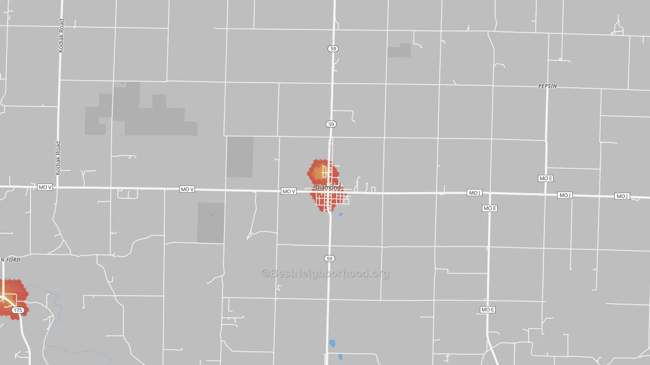 Walk Grade map of Diamond, MO, walkable areas in green and car-dependent areas in red