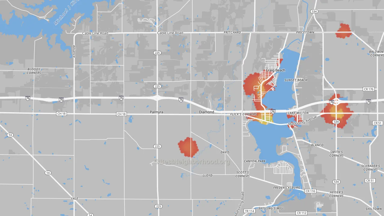 Walk Grade map of Diamond, OH, walkable areas in green and car-dependent areas in red