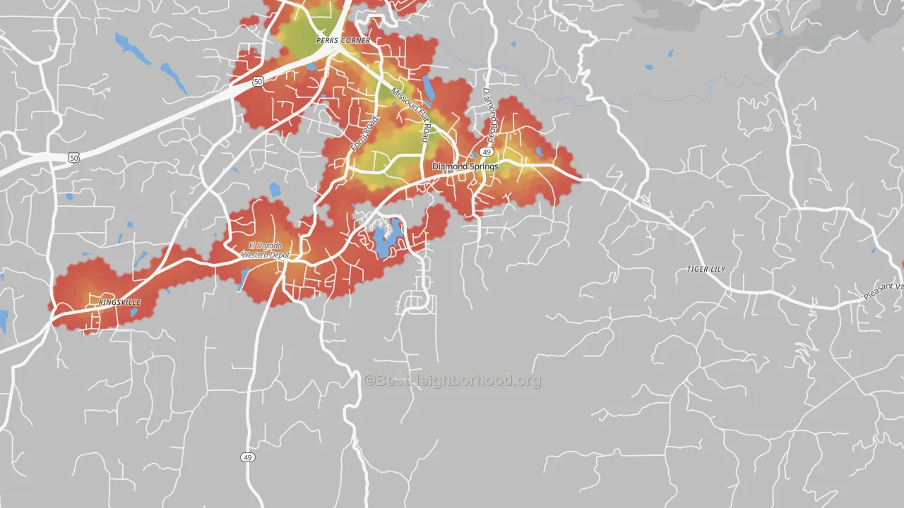 Walk Grade map of Diamond Springs, CA, walkable areas in green and car-dependent areas in red
